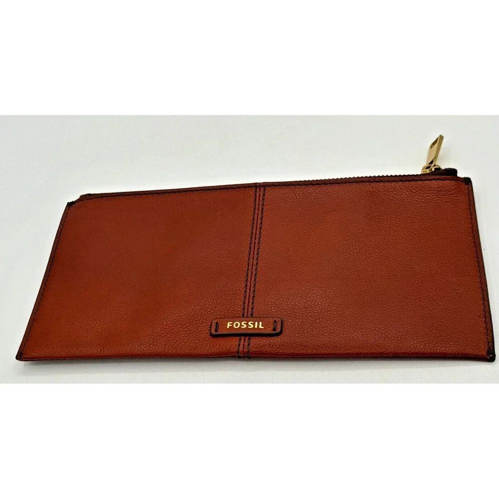 Fossil Pebbled Cowhide Leather Cinnamon Brown Zippered Money Wallet Pouch Clean!